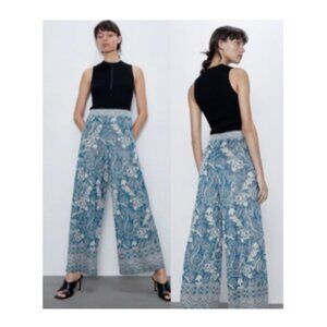 NWT- Zara Jacquared Metallic Blue Wide Leg Pants Size L